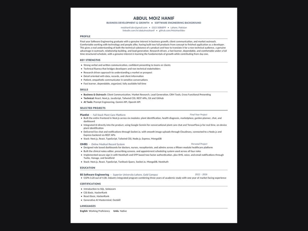 Abdul Moiz Hanif Resume Preview